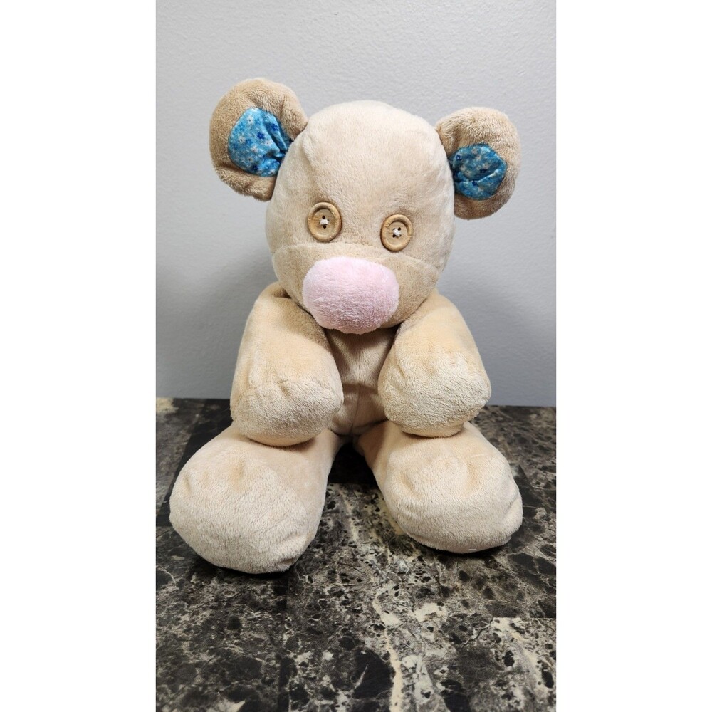 Kellytoy Play Pets Tan Teddy Bear Button Eyes Pink Nose Blue Ears